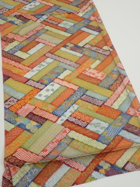 Photo2: 2U02z60  Japanese Kimono Silk  FABRIC  Red-Brown, Navy 41.7x14.4 (2)