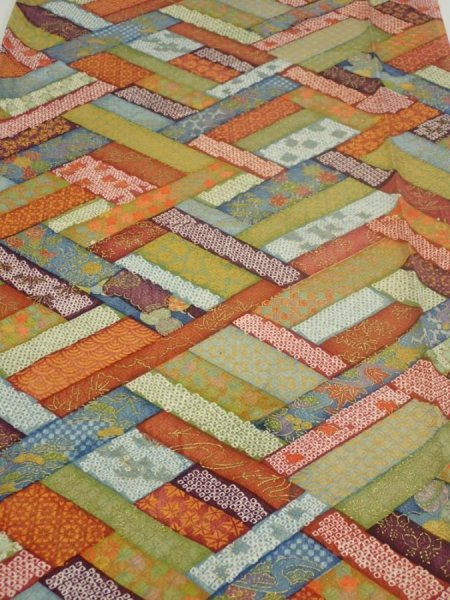 Photo1: 2U03z80  Japanese Kimono Silk  FABRIC  Red-Brown, Navy 61.4x14.4 (1)