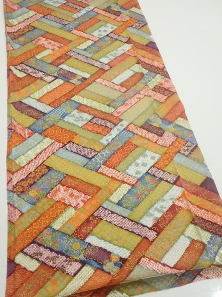 Photo2: 2U06z80  Japanese Kimono Silk  FABRIC  Red-Brown, Navy 61.4x14.4 (2)