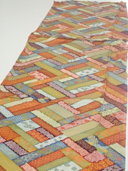 Photo3: 2U06z80  Japanese Kimono Silk  FABRIC  Red-Brown, Navy 61.4x14.4 (3)