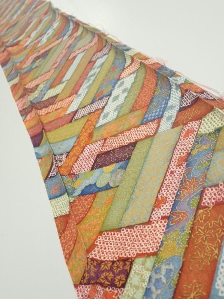 Photo1: 2U07z40  Japanese Kimono Silk  FABRIC  Red-Brown, Navy 57.5x7.5 (1)