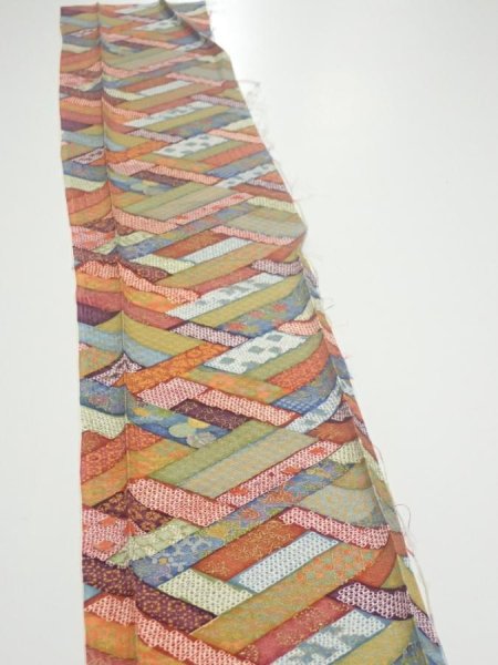 Photo3: 2U07z40  Japanese Kimono Silk  FABRIC  Red-Brown, Navy 57.5x7.5 (3)