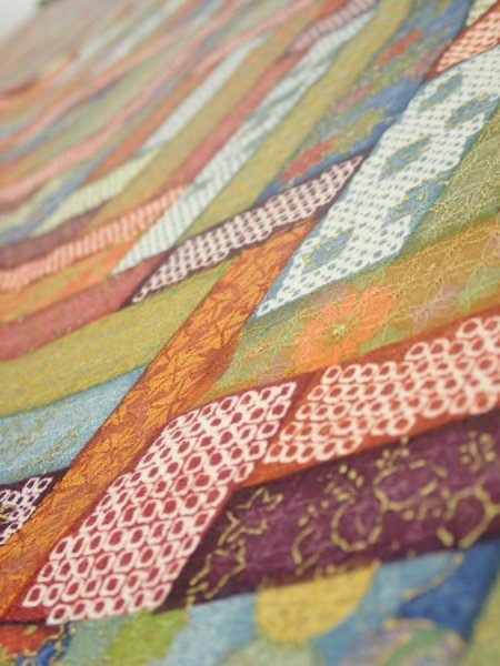 Photo5: 2U07z40  Japanese Kimono Silk  FABRIC  Red-Brown, Navy 57.5x7.5 (5)