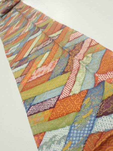 Photo1: 2U09z50  Japanese Kimono Silk  FABRIC  Red-Brown, Navy 78.7x6.7 (1)