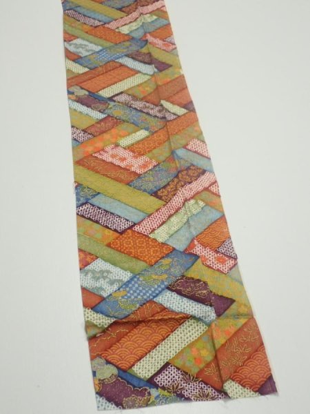 Photo3: 2U09z50  Japanese Kimono Silk  FABRIC  Red-Brown, Navy 78.7x6.7 (3)