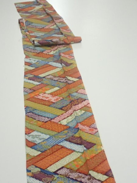 Photo4: 2U09z50  Japanese Kimono Silk  FABRIC  Red-Brown, Navy 78.7x6.7 (4)