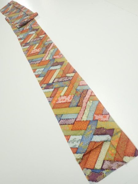 Photo5: 2U09z50  Japanese Kimono Silk  FABRIC  Red-Brown, Navy 78.7x6.7 (5)