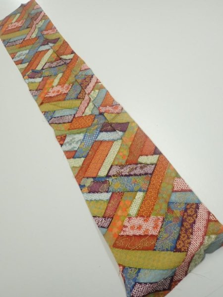 Photo1: 2U10z30  Japanese Kimono Silk  FABRIC  Red-Brown, Navy 36.2x6.7 (1)