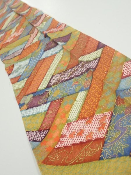 Photo2: 2U10z30  Japanese Kimono Silk  FABRIC  Red-Brown, Navy 36.2x6.7 (2)