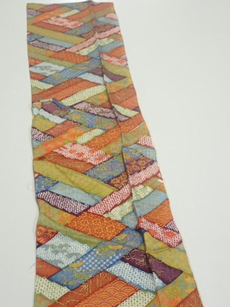 Photo4: 2U10z30  Japanese Kimono Silk  FABRIC  Red-Brown, Navy 36.2x6.7 (4)