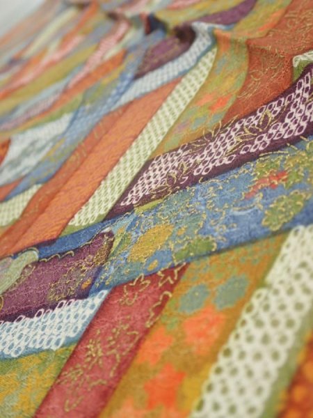 Photo5: 2U10z30  Japanese Kimono Silk  FABRIC  Red-Brown, Navy 36.2x6.7 (5)