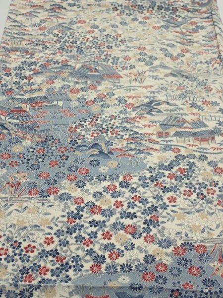 Photo1: 2U01z70  Japanese Kimono Crepe Silk  FABRIC Old house Off-white 42.9x14.2 (1)