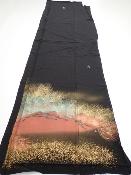 Photo1: 1J01z140  Japanese Kimono Silk  FABRIC Pine Black 56.7x18.1 (1)