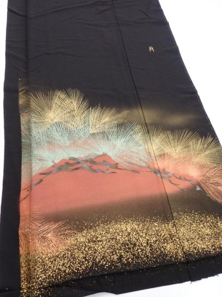 Photo2: 1J01z140  Japanese Kimono Silk  FABRIC Pine Black 56.7x18.1 (2)