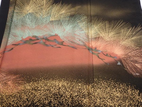 Photo4: 1J01z140  Japanese Kimono Silk  FABRIC Pine Black 56.7x18.1 (4)