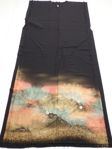Photo1: 1J02z200  Japanese Kimono Silk  FABRIC Pine Black 59.1x27.6 (1)