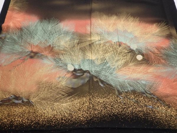 Photo2: 1J02z200  Japanese Kimono Silk  FABRIC Pine Black 59.1x27.6 (2)