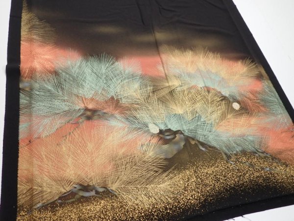 Photo6: 1J02z200  Japanese Kimono Silk  FABRIC Pine Black 59.1x27.6 (6)