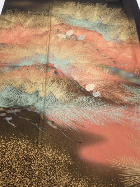 Photo2: 1J03z150  Japanese Kimono Silk  FABRIC Pine Black 56.7x18.1 (2)