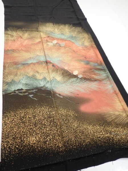 Photo4: 1J03z150  Japanese Kimono Silk  FABRIC Pine Black 56.7x18.1 (4)