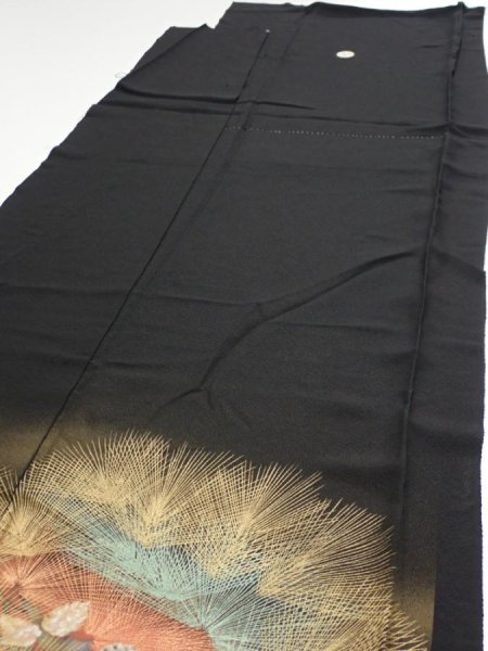 Photo5: 1J03z150  Japanese Kimono Silk  FABRIC Pine Black 56.7x18.1 (5)