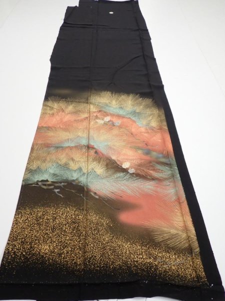 Photo6: 1J03z150  Japanese Kimono Silk  FABRIC Pine Black 56.7x18.1 (6)