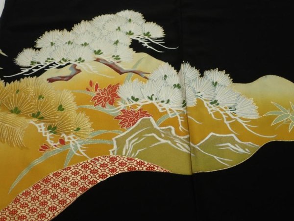 Photo1: 1J01z150  Japanese Kimono Silk  FABRIC Flower Pine Black 59.4x25.0 (1)