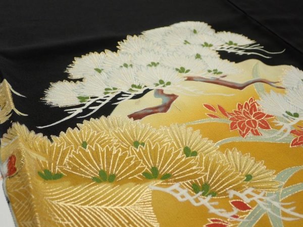 Photo3: 1J01z150  Japanese Kimono Silk  FABRIC Flower Pine Black 59.4x25.0 (3)