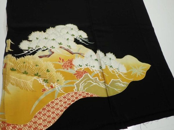 Photo4: 1J01z150  Japanese Kimono Silk  FABRIC Flower Pine Black 59.4x25.0 (4)