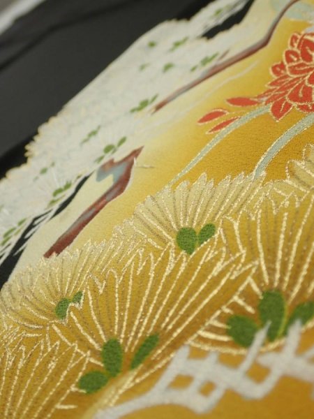 Photo6: 1J01z150  Japanese Kimono Silk  FABRIC Flower Pine Black 59.4x25.0 (6)