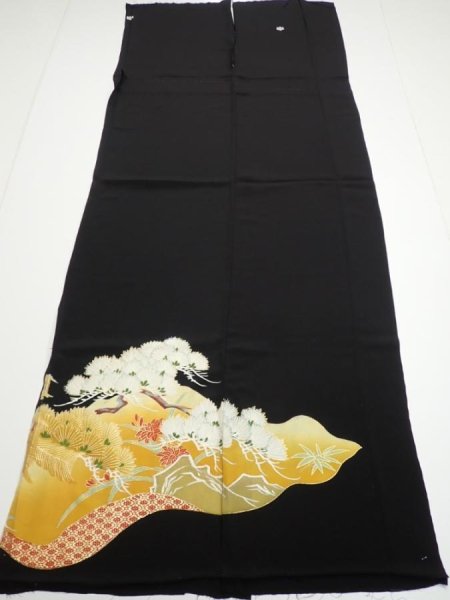 Photo7: 1J01z150  Japanese Kimono Silk  FABRIC Flower Pine Black 59.4x25.0 (7)