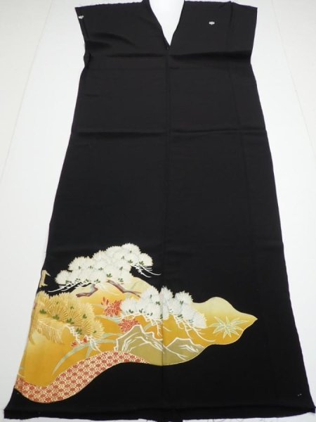 Photo8: 1J01z150  Japanese Kimono Silk  FABRIC Flower Pine Black 59.4x25.0 (8)