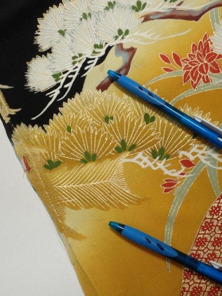 Photo10: 1J01z150  Japanese Kimono Silk  FABRIC Flower Pine Black 59.4x25.0 (10)