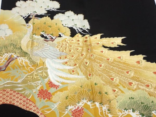 Photo1: 1J02z200  Japanese Kimono Silk  FABRIC Peacock Black 56.7x28.3 (1)