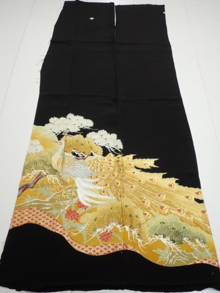 Photo2: 1J02z200  Japanese Kimono Silk  FABRIC Peacock Black 56.7x28.3 (2)