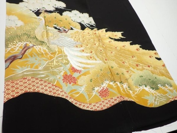 Photo6: 1J02z200  Japanese Kimono Silk  FABRIC Peacock Black 56.7x28.3 (6)