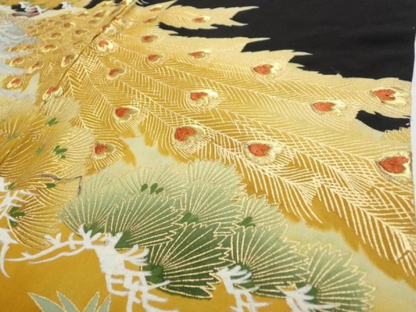 Photo7: 1J02z200  Japanese Kimono Silk  FABRIC Peacock Black 56.7x28.3 (7)