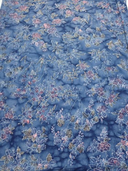 Photo1: 1J01z60  Japanese Kimono Crepe Silk  FABRIC Flowers Dull blue 38.6x14.6 (1)