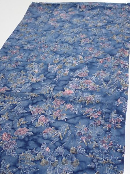 Photo3: 1J01z60  Japanese Kimono Crepe Silk  FABRIC Flowers Dull blue 38.6x14.6 (3)