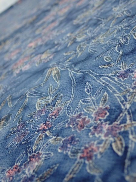 Photo4: 1J01z60  Japanese Kimono Crepe Silk  FABRIC Flowers Dull blue 38.6x14.6 (4)