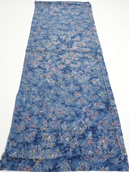 Photo5: 1J01z60  Japanese Kimono Crepe Silk  FABRIC Flowers Dull blue 38.6x14.6 (5)
