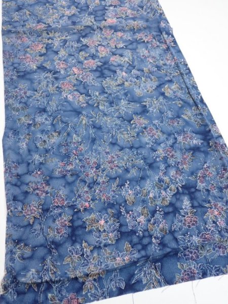 Photo2: 1J02z60  Japanese Kimono Crepe Silk  FABRIC Flowers Dull blue 39.4x14.2 (2)