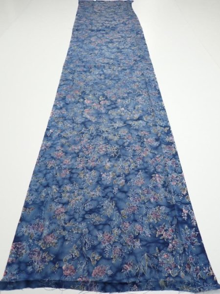 Photo5: 1J03z100  Japanese Kimono Crepe Silk  FABRIC Flowers Dull blue 66.1x14.2 (5)