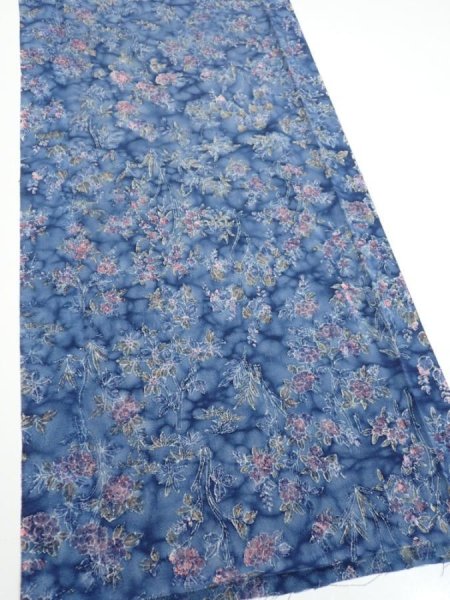Photo2: 1J04z100  Japanese Kimono Crepe Silk  FABRIC Flowers Dull blue 66.1x14.0 (2)