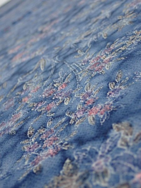 Photo4: 1J04z100  Japanese Kimono Crepe Silk  FABRIC Flowers Dull blue 66.1x14.0 (4)