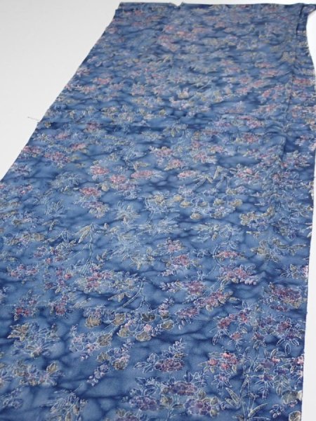Photo3: 1J05z100  Japanese Kimono Crepe Silk  FABRIC Flowers Dull blue 64.6x14.2 (3)