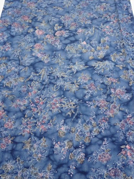 Photo1: 1J06z100  Japanese Kimono Crepe Silk  FABRIC Flowers Dull blue 65.0x14.2 (1)
