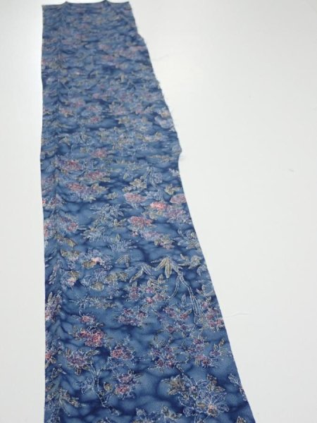Photo3: 1J07z50  Japanese Kimono Crepe Silk  FABRIC Flowers Dull blue 57.5x7.1 (3)