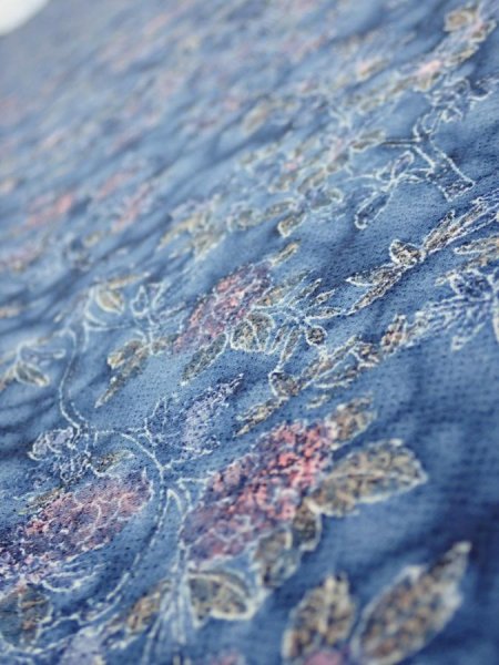 Photo5: 1J07z50  Japanese Kimono Crepe Silk  FABRIC Flowers Dull blue 57.5x7.1 (5)