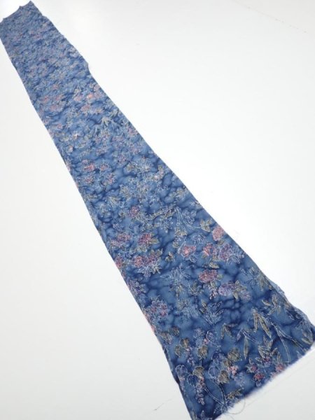 Photo4: 1J08z50  Japanese Kimono Crepe Silk  FABRIC Flowers Dull blue 57.9x7.1 (4)